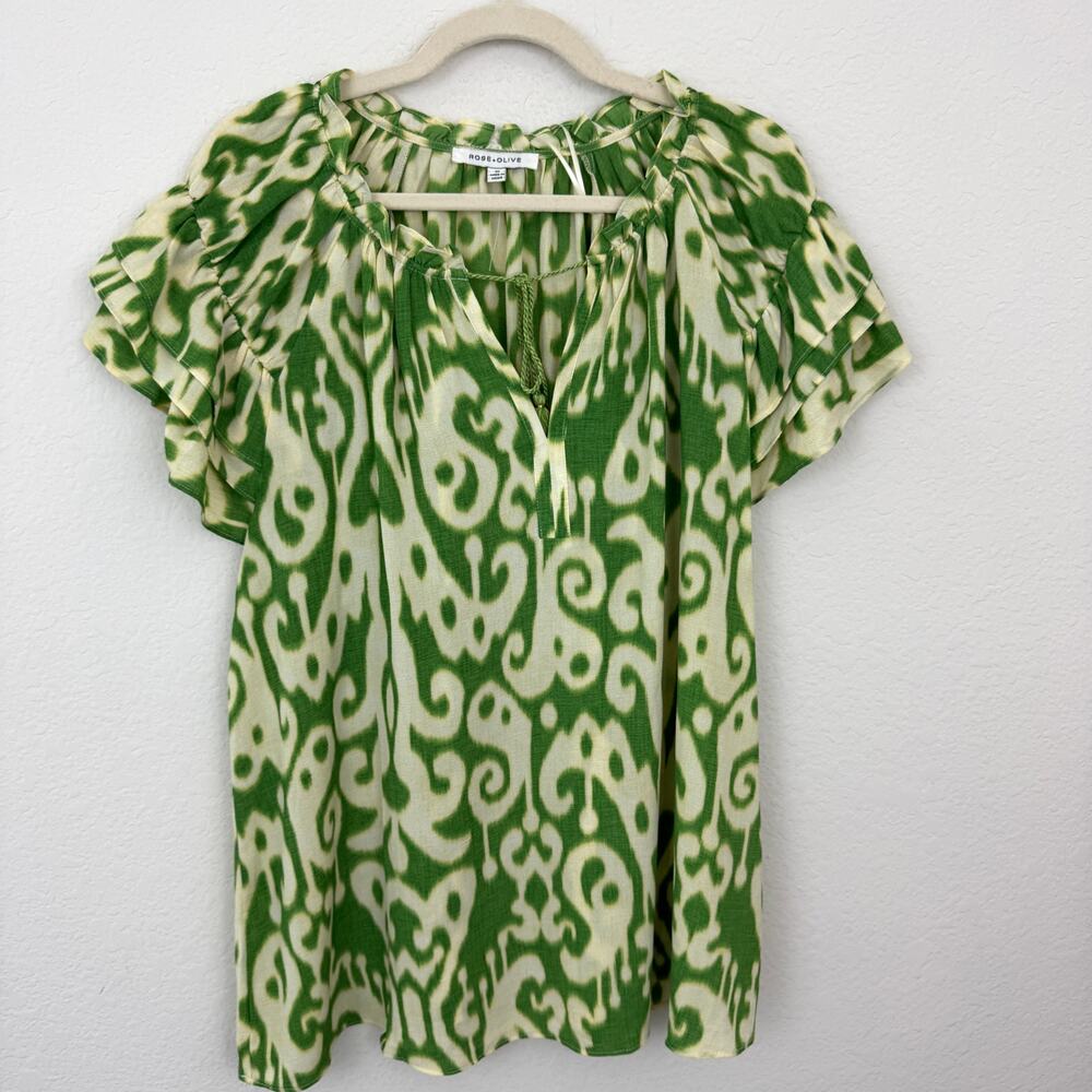 Rose + Olive Womens Blouse Top Size 1X Ruffle Tassel Boho Flowy Green